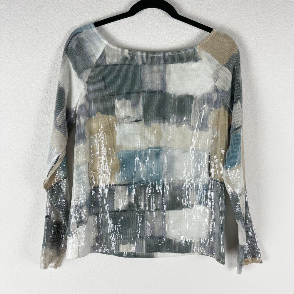Worth Sequin Top‎ Womens Small Gray White Long Sleeve Blouse Artsy Abstract